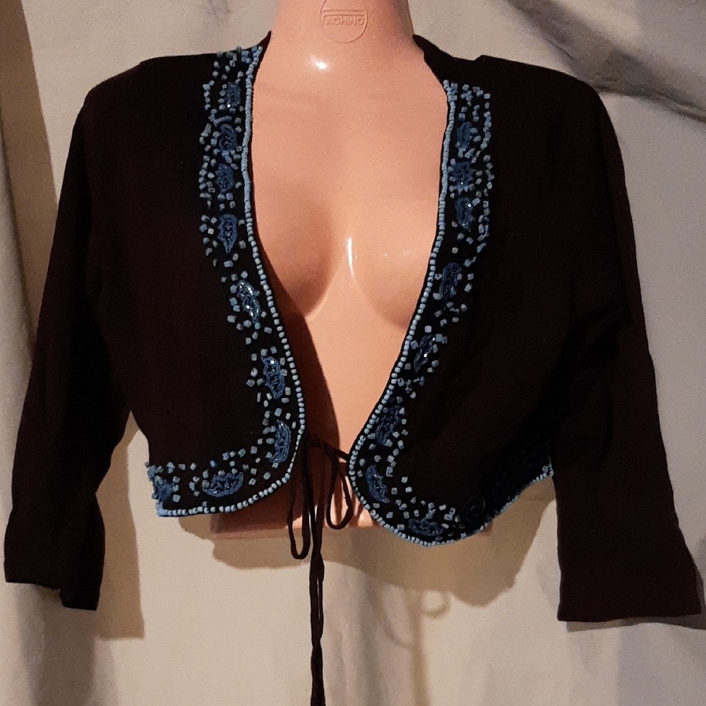 Brown Cropped Sweater with Turqoiuse Embroidery